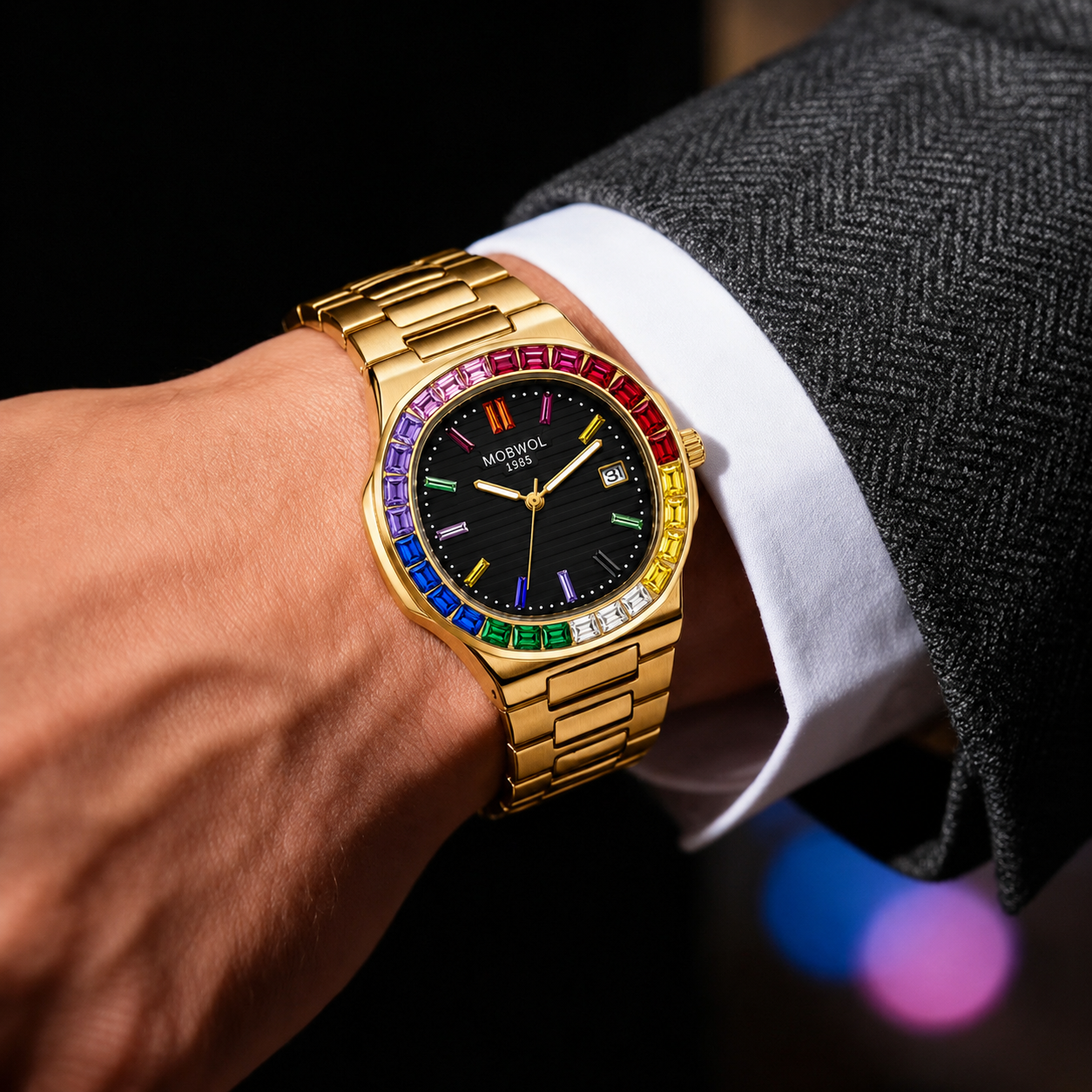 MOBWOL Rainbow Crystal Bezel M - Smartwatch Square Watches For Men avis et prix