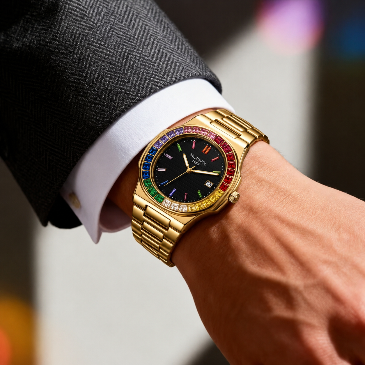 MOBWOL Rainbow Crystal Bezel M - Smartwatch Square Watches For Men avis et prix